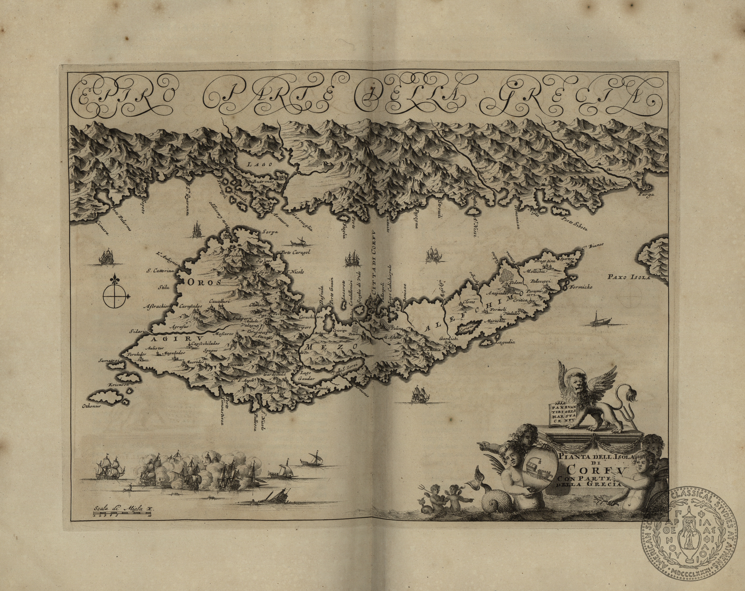 Pianta dell' isola di Corfu con parte della Grecia